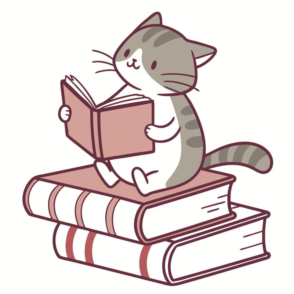 Adorable Gray Tabby Cat Reading a Book on a Stack of Books vector