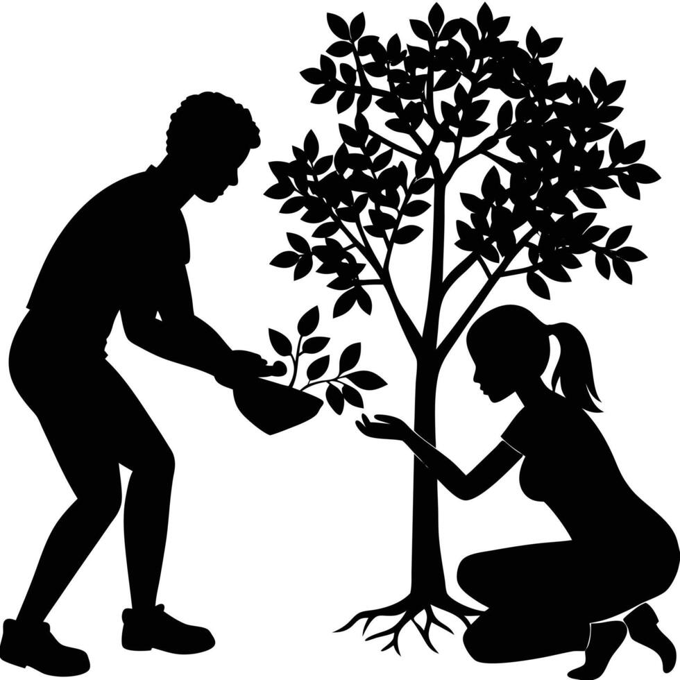 Silhouette of a Couple Planting a Sapling Tree vector