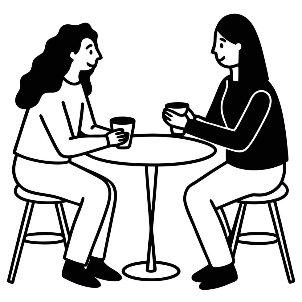 Two Women Enjoying Coffee Together at a Small Round Table vector