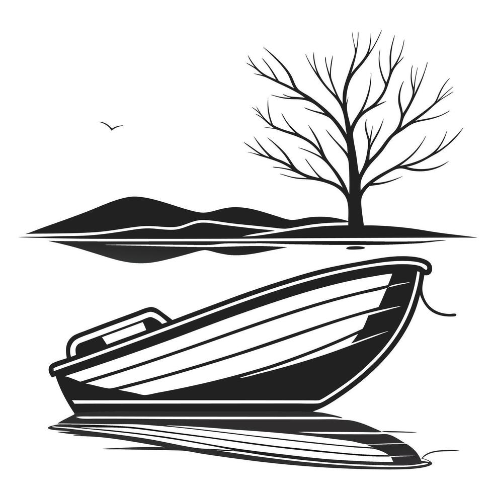 Silhouette of a Small Boat Moored by a Leafless Tree vector