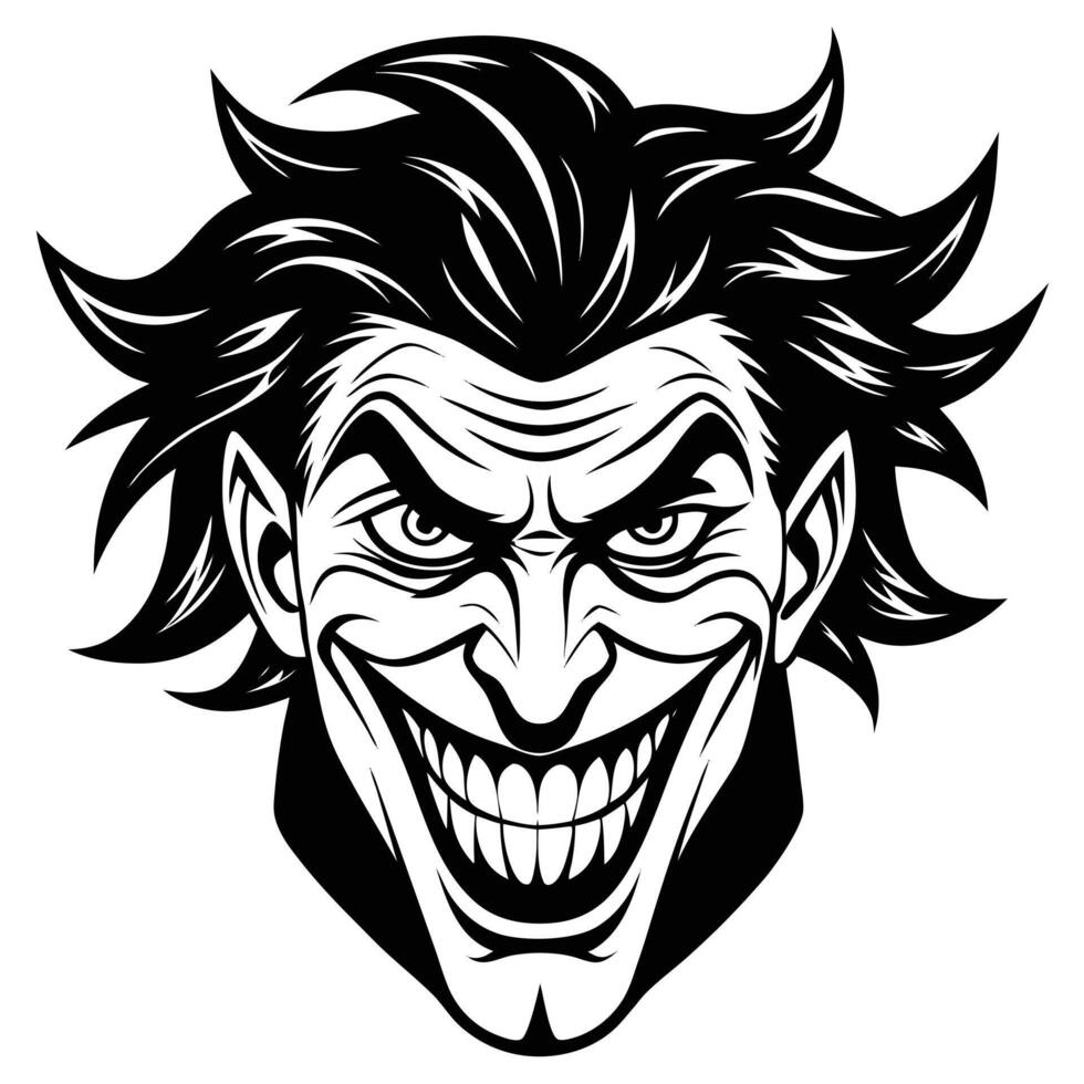 Evil Joker Head Black and White Illustration vector