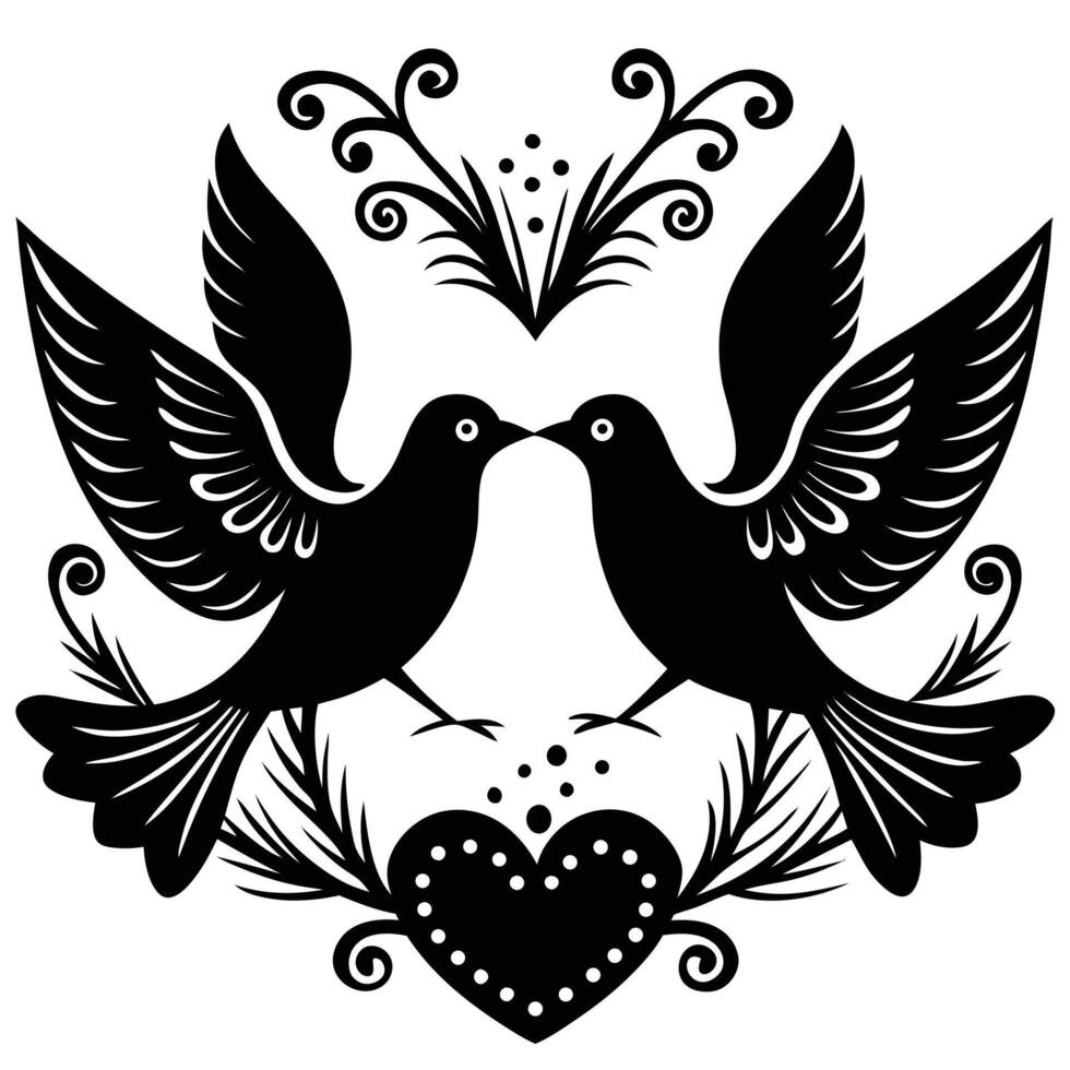 Two Birds Kissing with Heart and Floral Design vector