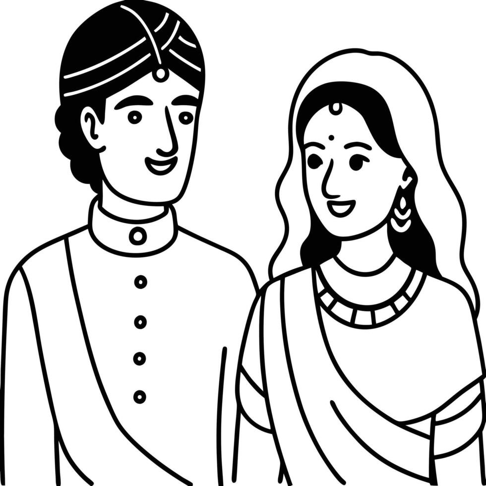 Line Art Illustration of an Indian Couple in Traditional Attire vector