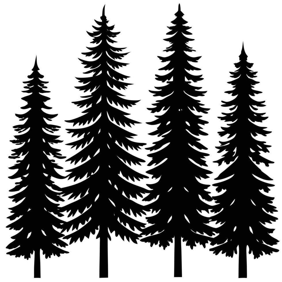 Silhouette of Four Evergreen Trees on White Background vector