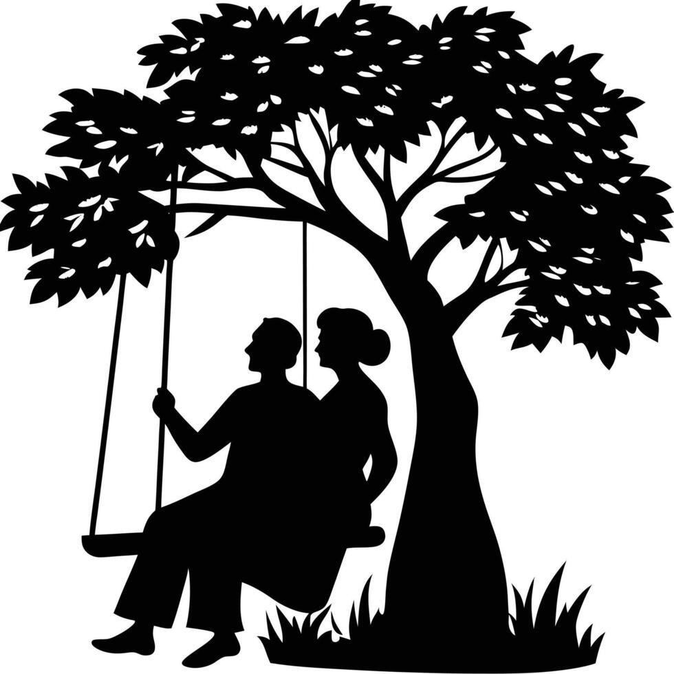 Silhouette of a Couple on a Swing Under a Tree vector