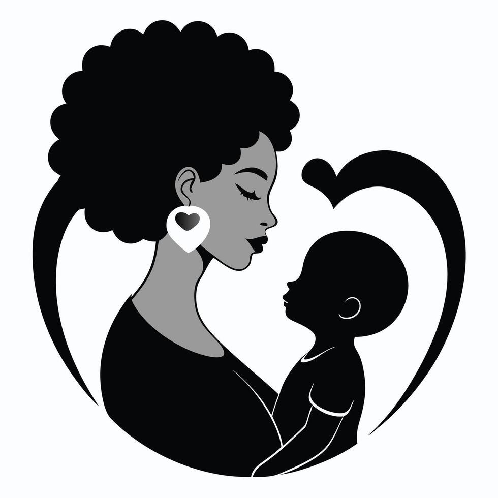 Black Mother and Baby Silhouette in Heart Shape vector