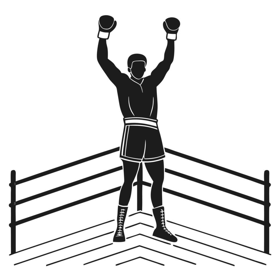 Victorious Boxer Silhouette in Boxing Ring vector