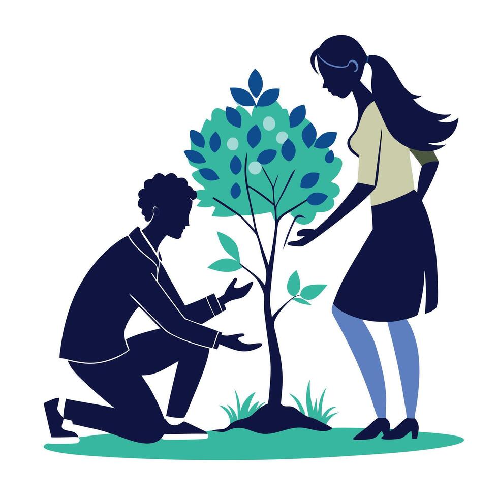 A Man and Woman Planting a Young Tree Together vector