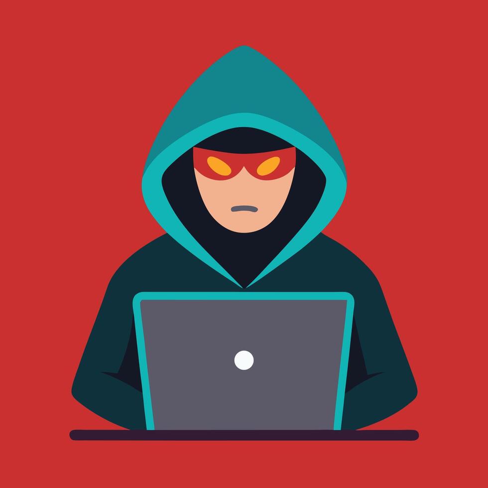 Mysterious Hooded Figure Using Laptop in Red Background vector