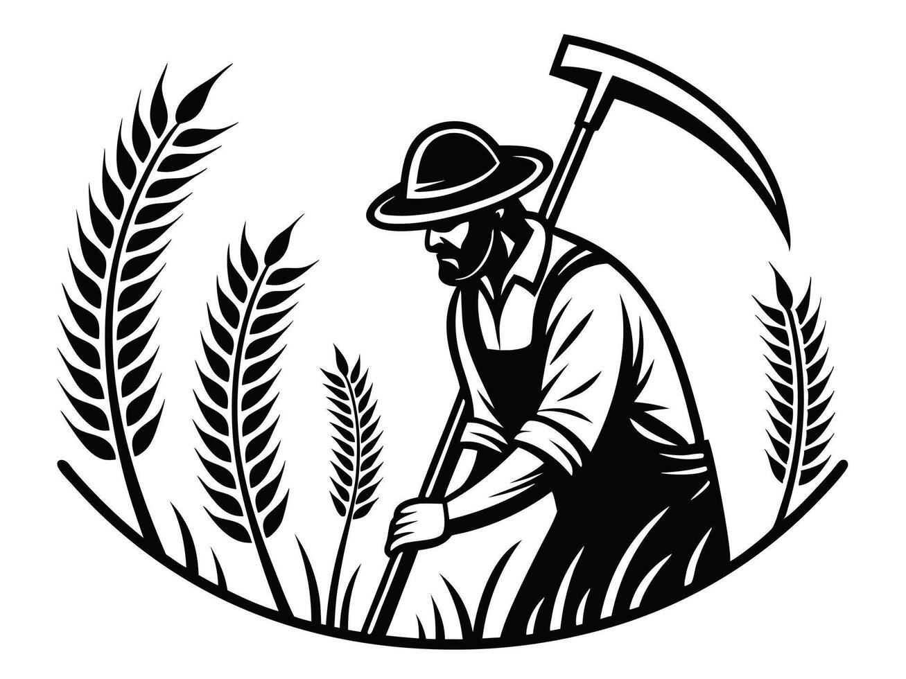 Black and White Illustration of a Farmer Harvesting Wheat vector