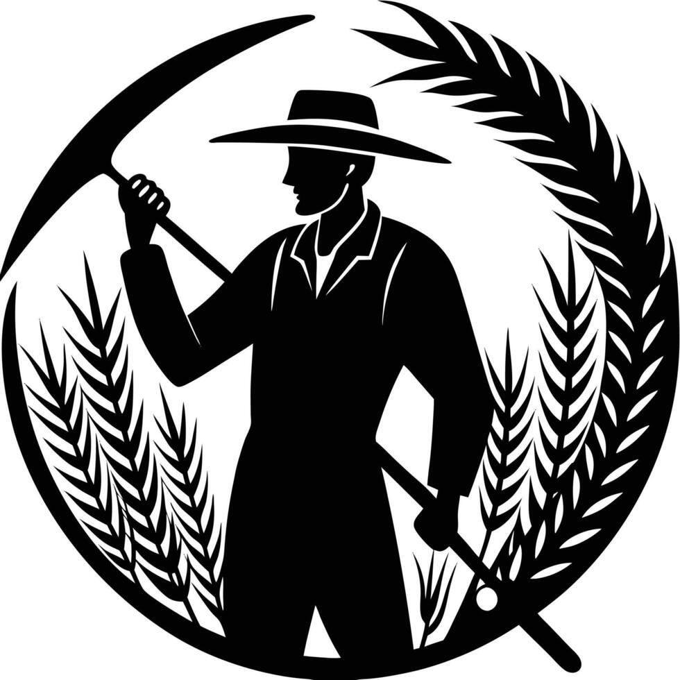 Silhouette of Farmer with Scythe and Wheat vector