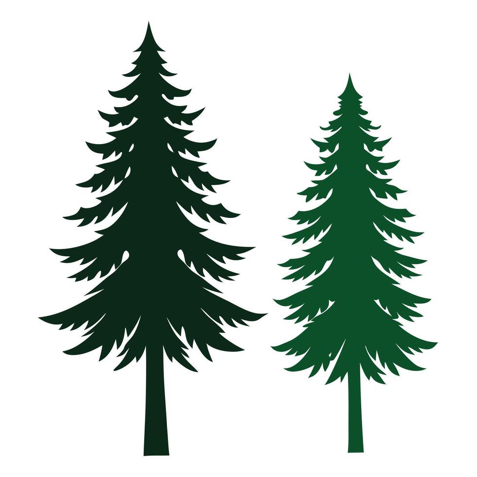 Two Dark Green Pine Tree Silhouettes on White Background vector