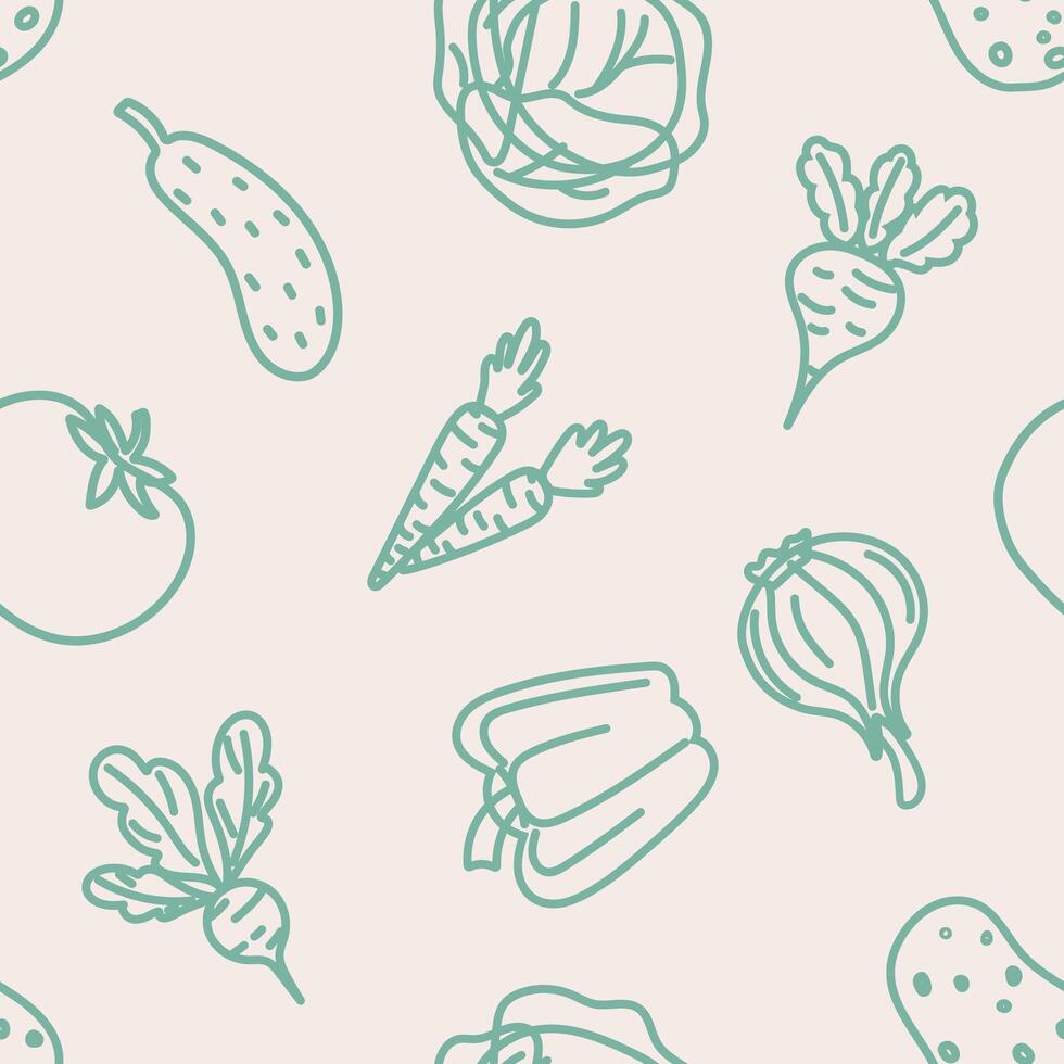 Seamless pattern with green vegetable outlines on beige vector