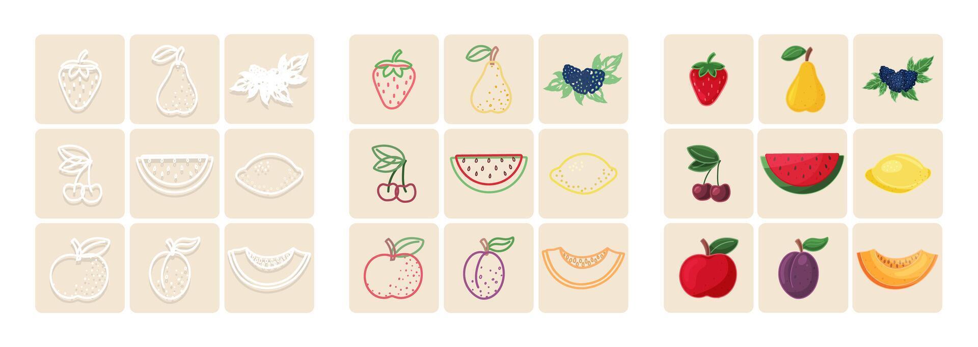 Fruit icon set with outline, color fill and shadow on beige background vector