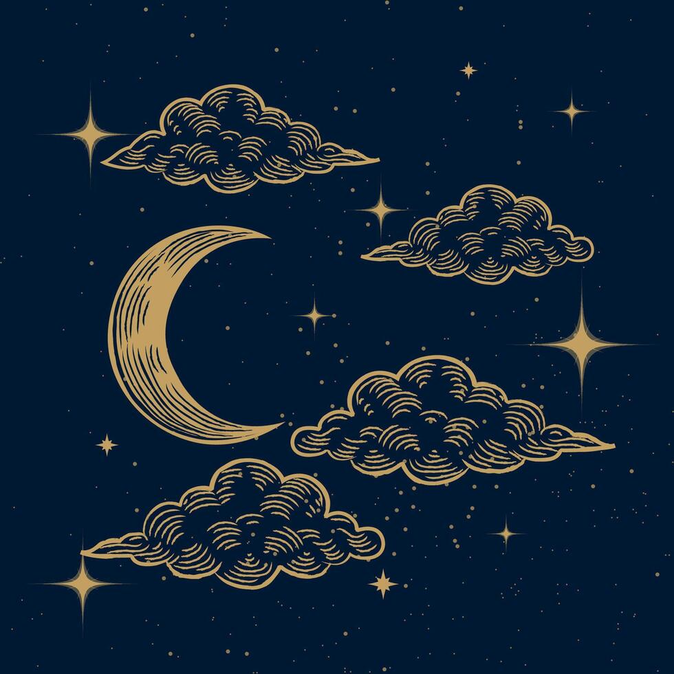 Starry magic night sky background. Bright golden moon, stars, clouds and constellations wallpaper. Space backdrop. Dark Sky with shiny stars, Illustration. vector