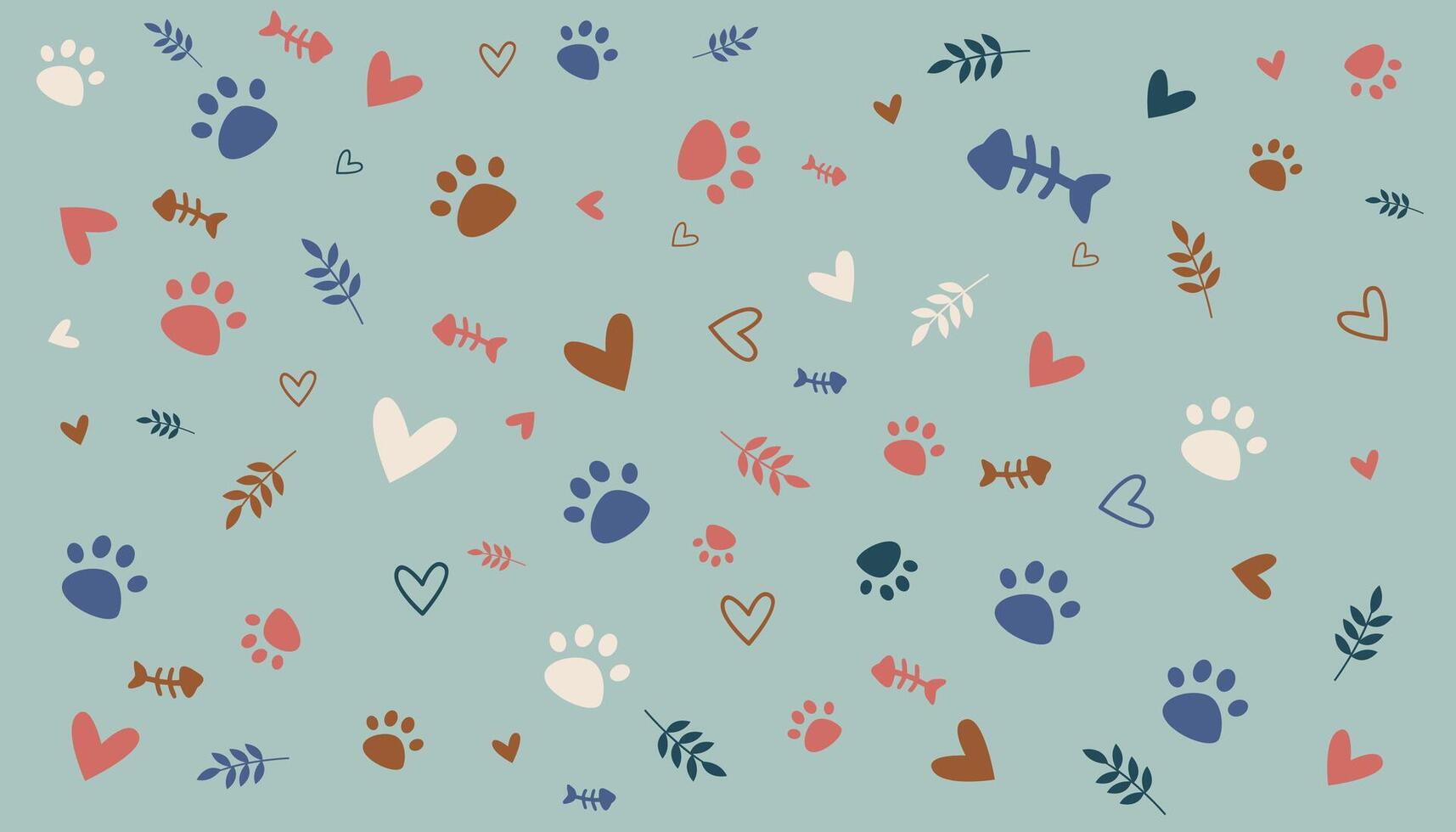 background of cat's paw, love and fish bones vector