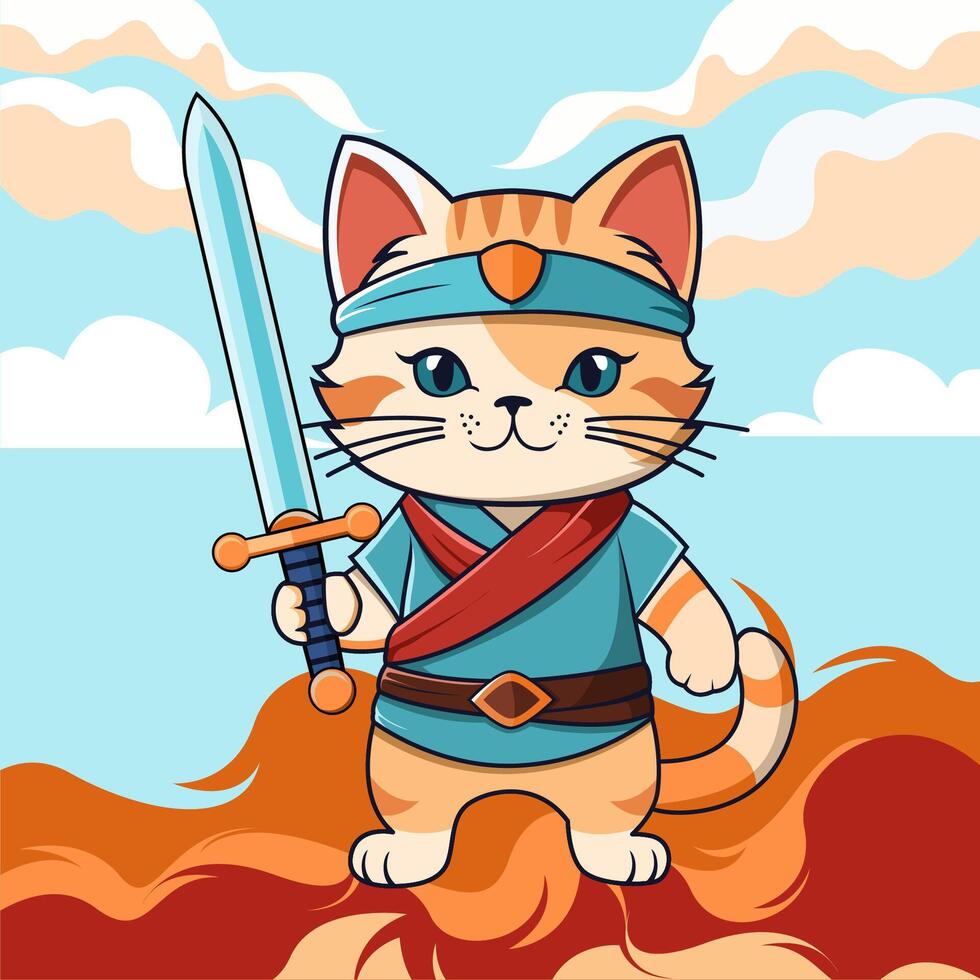illustration of a cat standing upright carrying a weapon vector