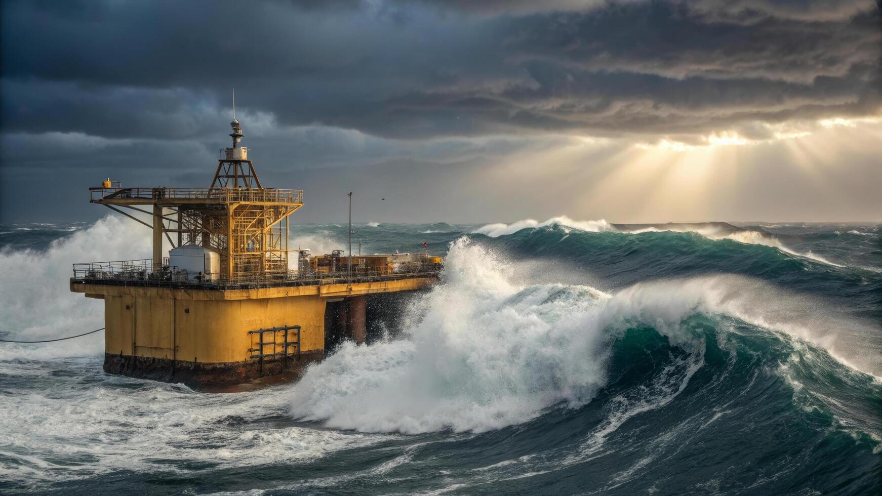 large wave energy converter is floating on turbulent waters, surrounded by dramatic clouds and sunlight breaking through. scene captures power of nature and human innovation photo