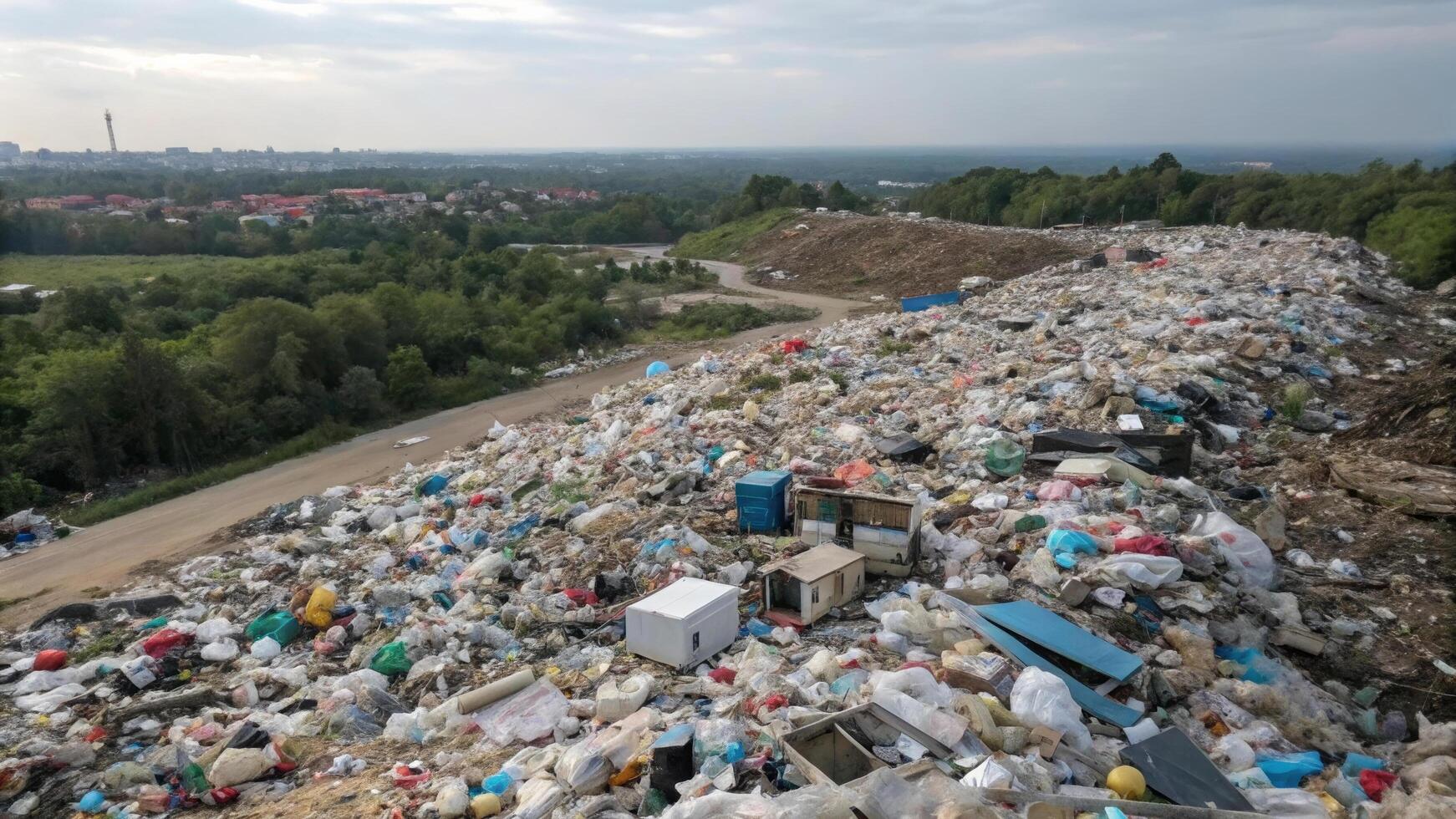 Aerial view of landfill overflowing with plastic waste, showcasing environmental issues and pollution. scene highlights urgent need for waste management solutions photo