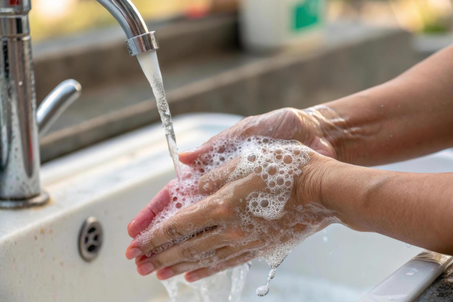 Washing hands with soap under running water, promoting hygiene and cleanliness. image captures importance of handwashing in daily routines photo