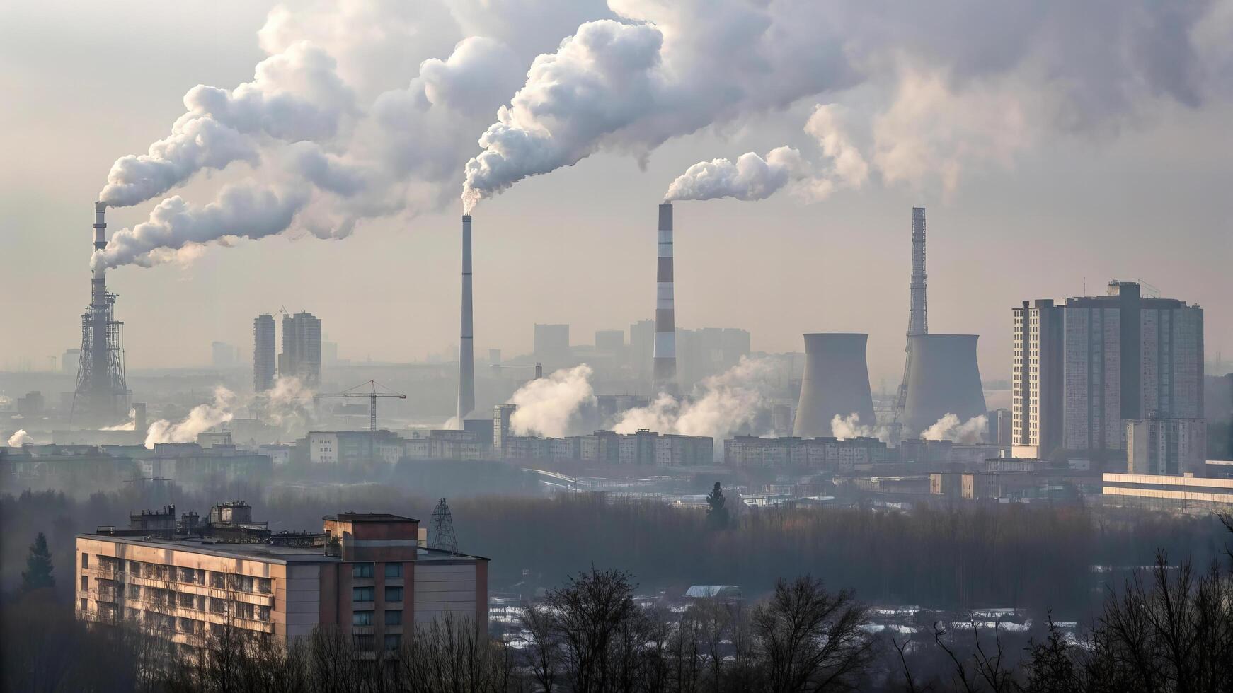 polluted city skyline covered in smog with factories and smokestacks emitting smoke. industrial landscape highlights environmental concerns and urban development photo