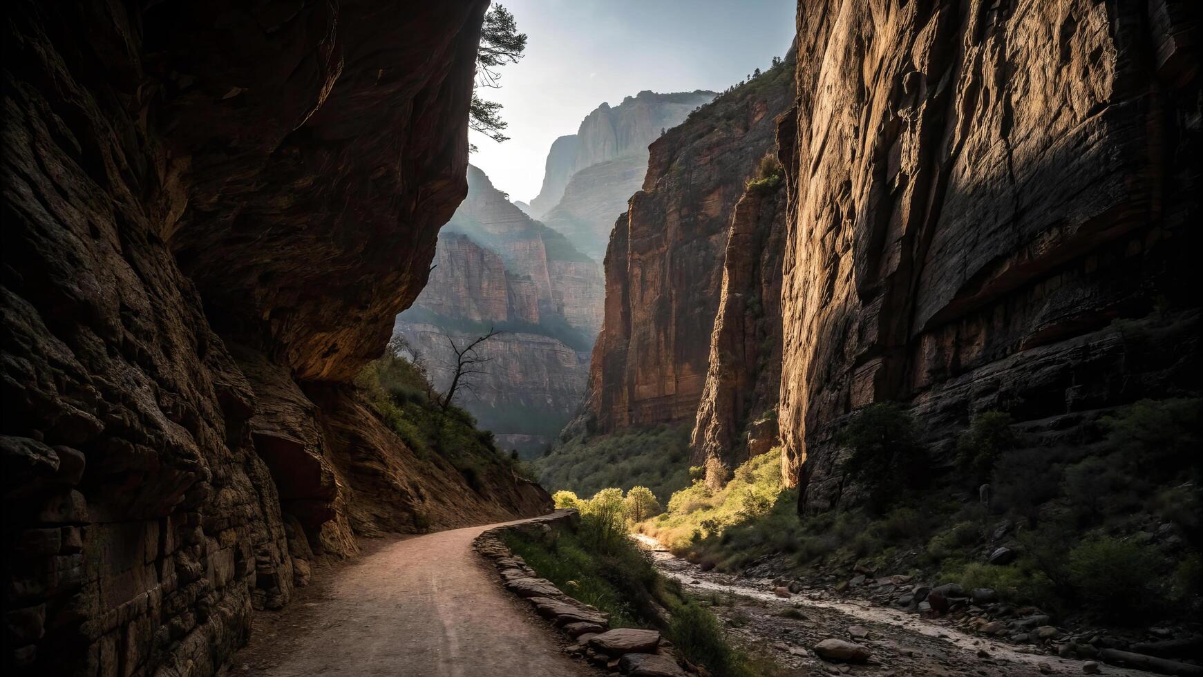 narrow canyon passage with towering rock formations and winding path. sunlight filters through, illuminating lush greenery along riverbank, creating serene and majestic atmosphere photo