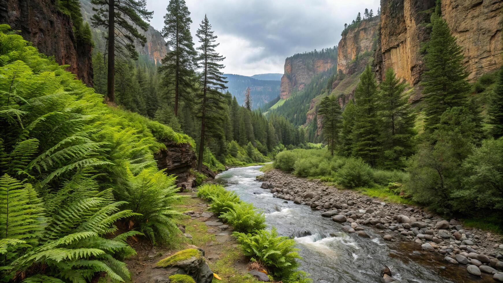 winding stream flowing through rugged canyon surrounded by lush greenery and towering cliffs creates serene and picturesque landscape photo