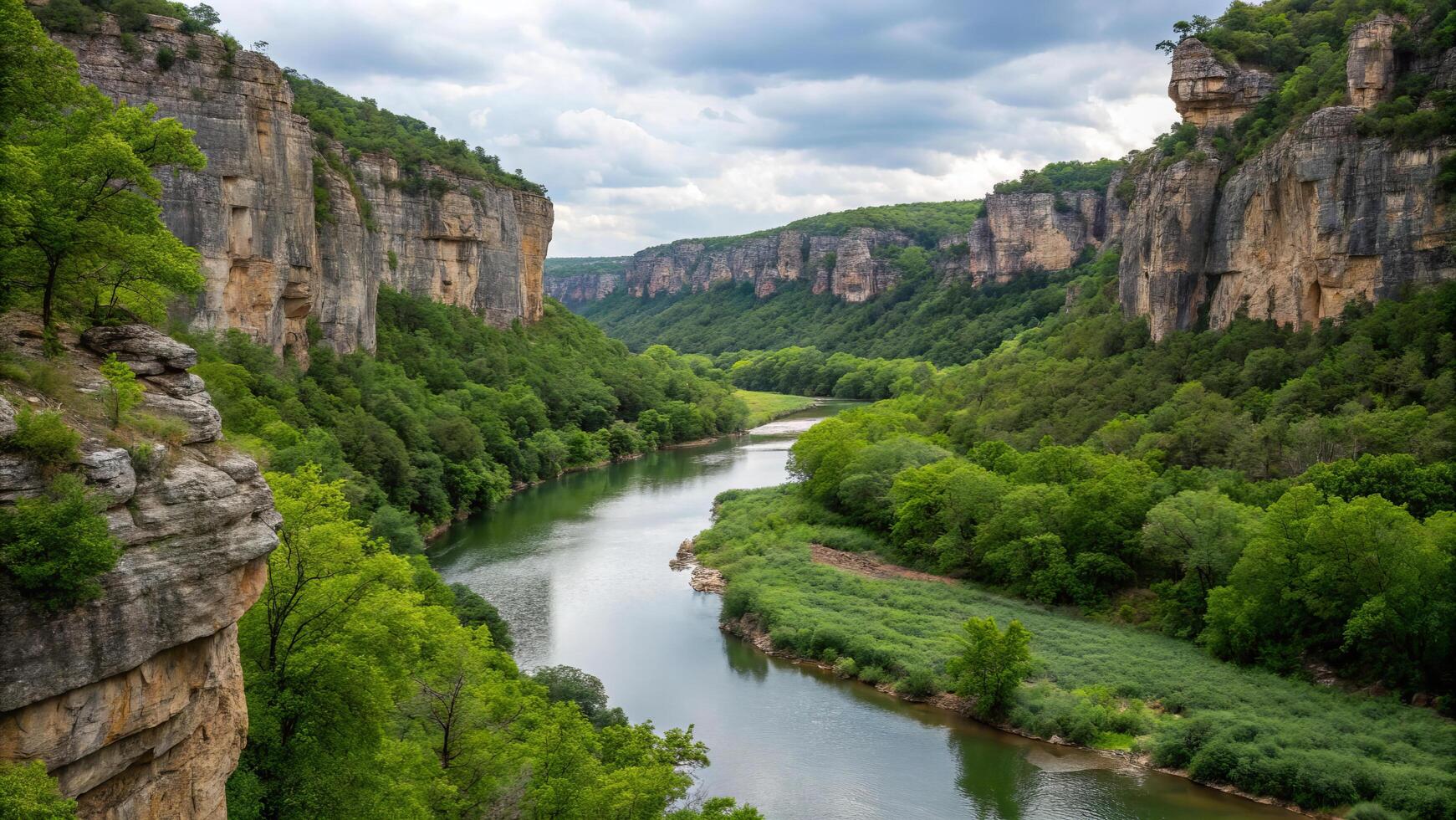 scenic canyon valley with winding river surrounded by lush greenery and towering cliffs creates tranquil atmosphere. vibrant landscape invites exploration and appreciation of nature beauty photo