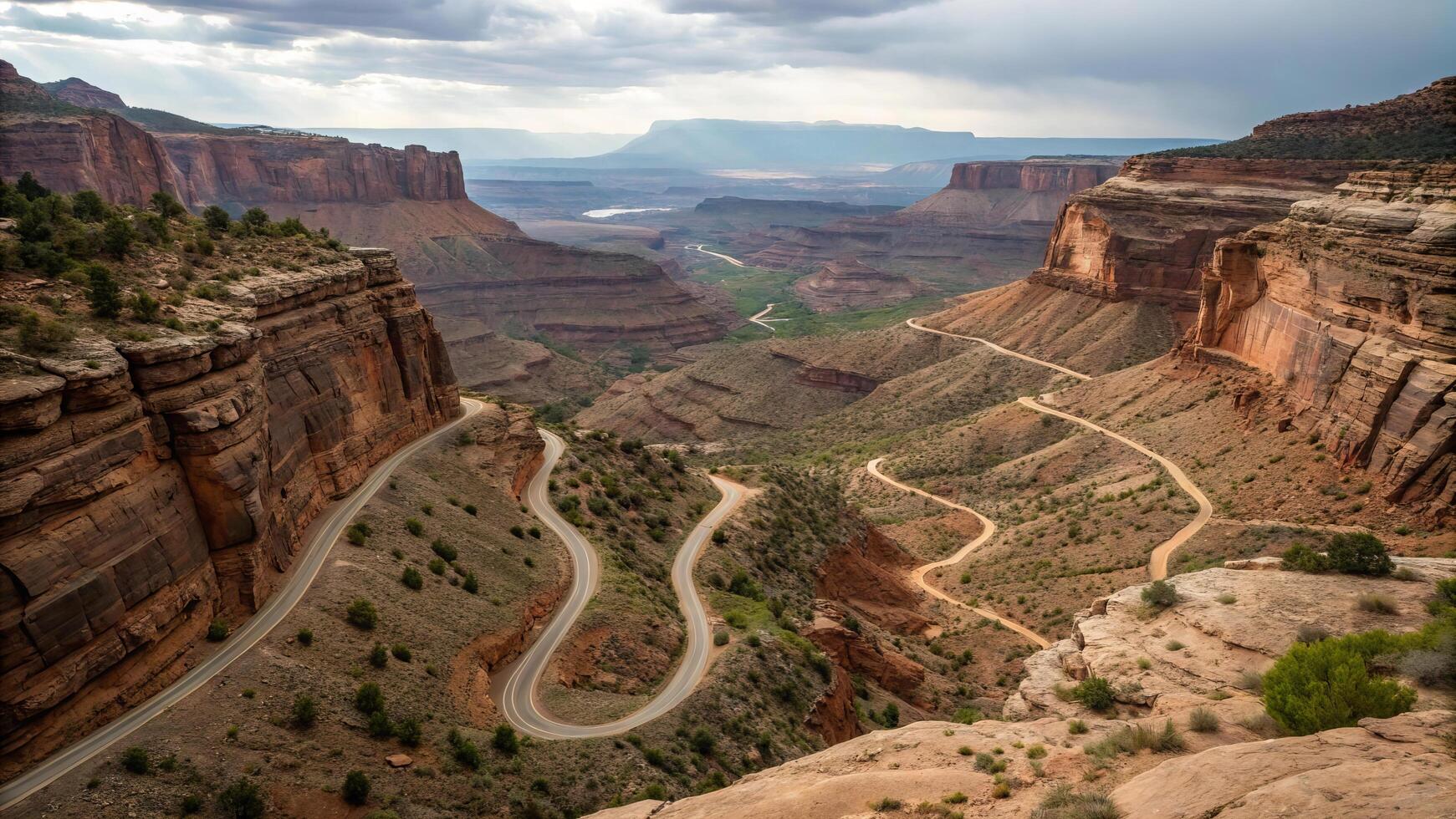 breathtaking view of vast canyon network with interwoven pathways, showcasing winding roads and dramatic rock formations under cloudy sky. landscape evokes sense of adventure and exploration photo