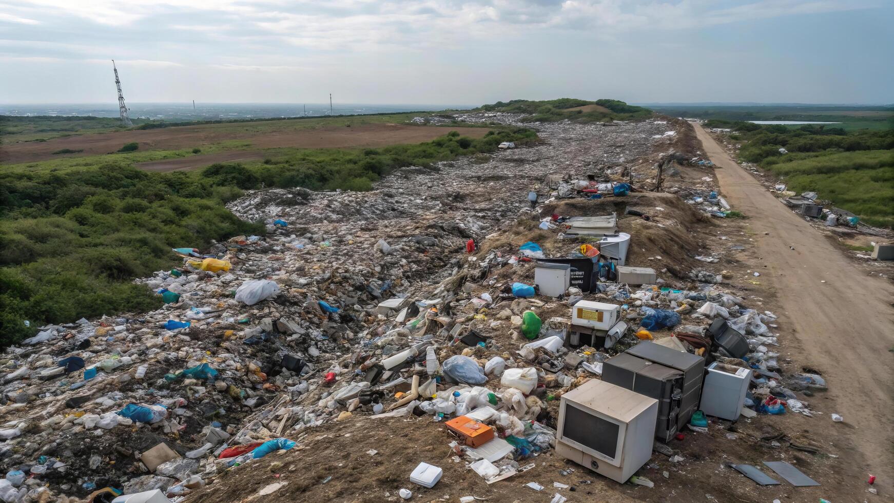 Aerial view of landfill overflowing with plastic waste and discarded electronics, highlighting environmental concerns and pollution photo