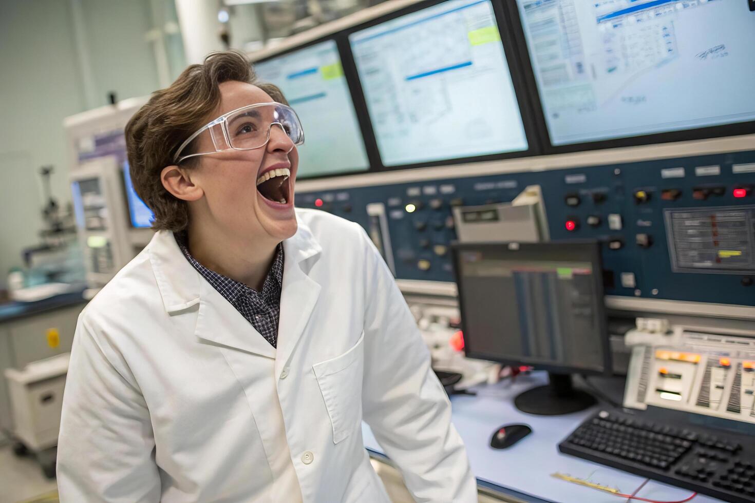 scientist in high tech laboratory smiles joyfully while wearing safety goggles and lab coat. environment is filled with advanced equipment and screens, showcasing vibrant atmosphere of innovation photo