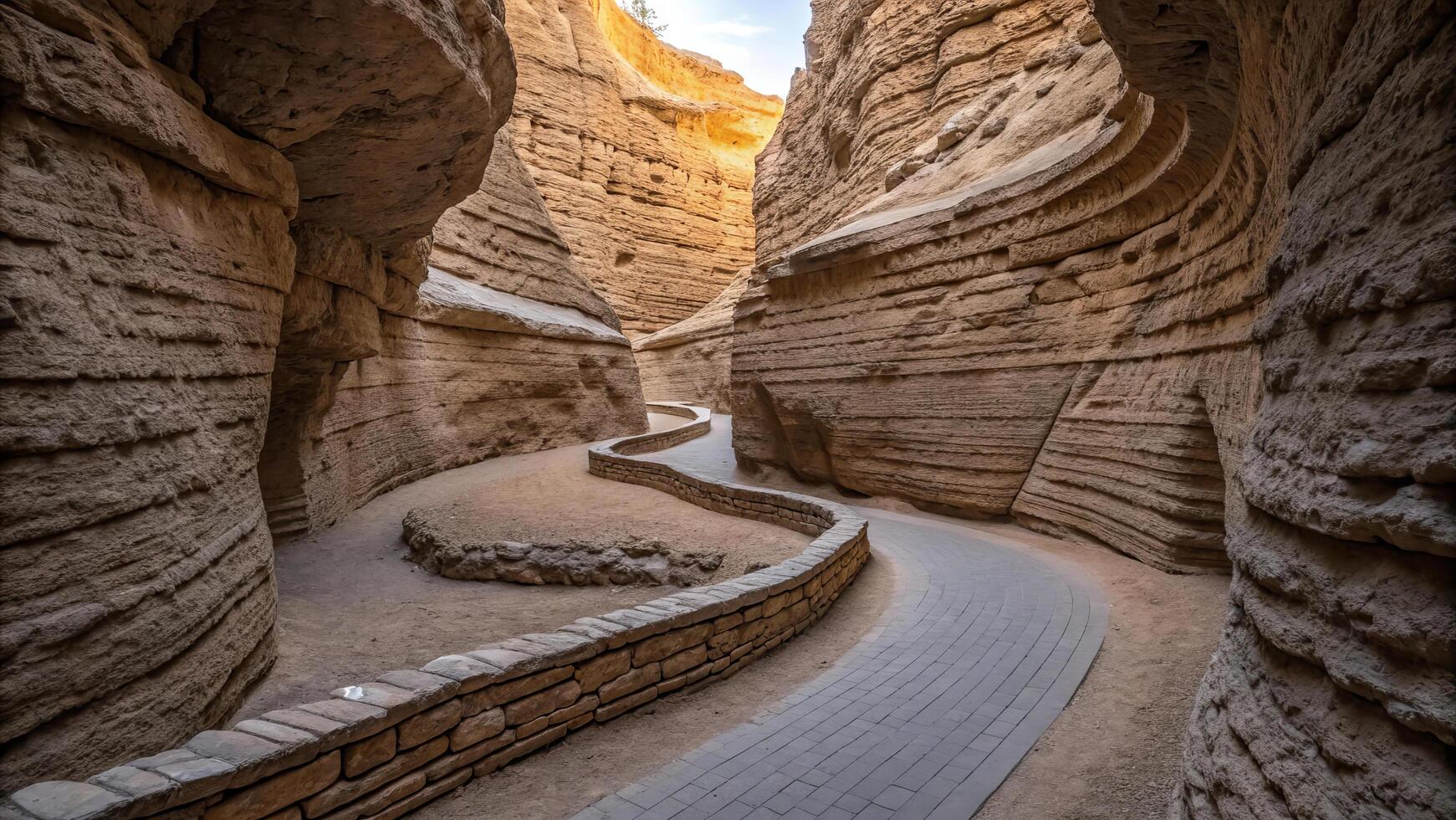 winding path through maze like rock canyon featuring sharp turns and textured walls, showcasing beauty of natural erosion and geological formations photo