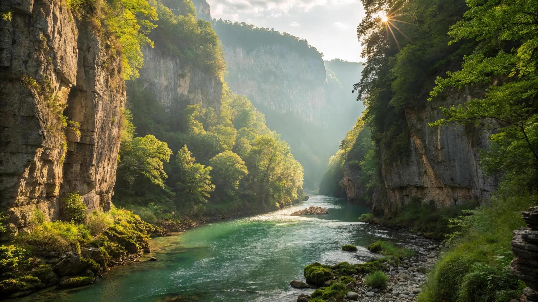 breathtaking view of deep gorge covered in lush greenery, with sunlight filtering through trees and reflecting on tranquil river below. scene evokes sense of peace and natural beauty photo