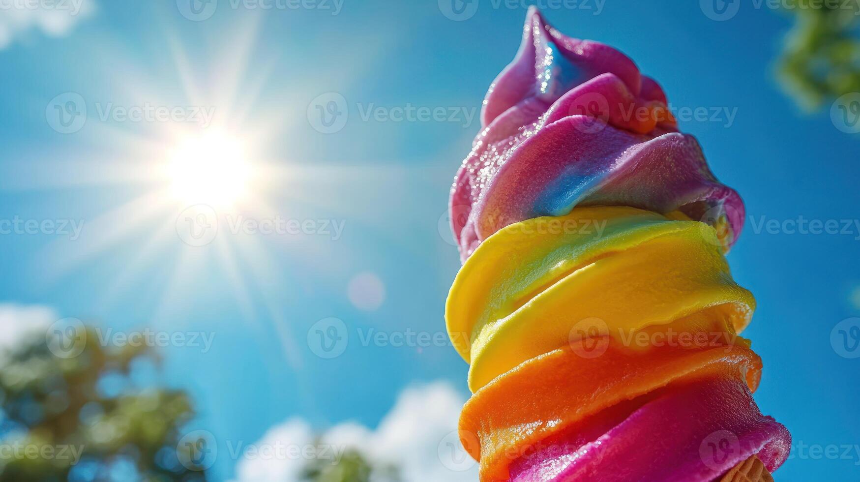 Colorful ice cream cone under a bright summer sun photo