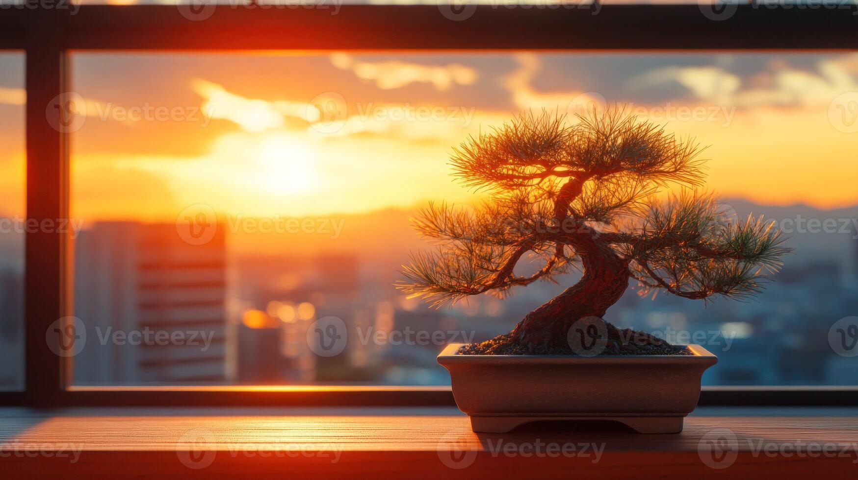 Bonsai tree at sunset cityscape view photo