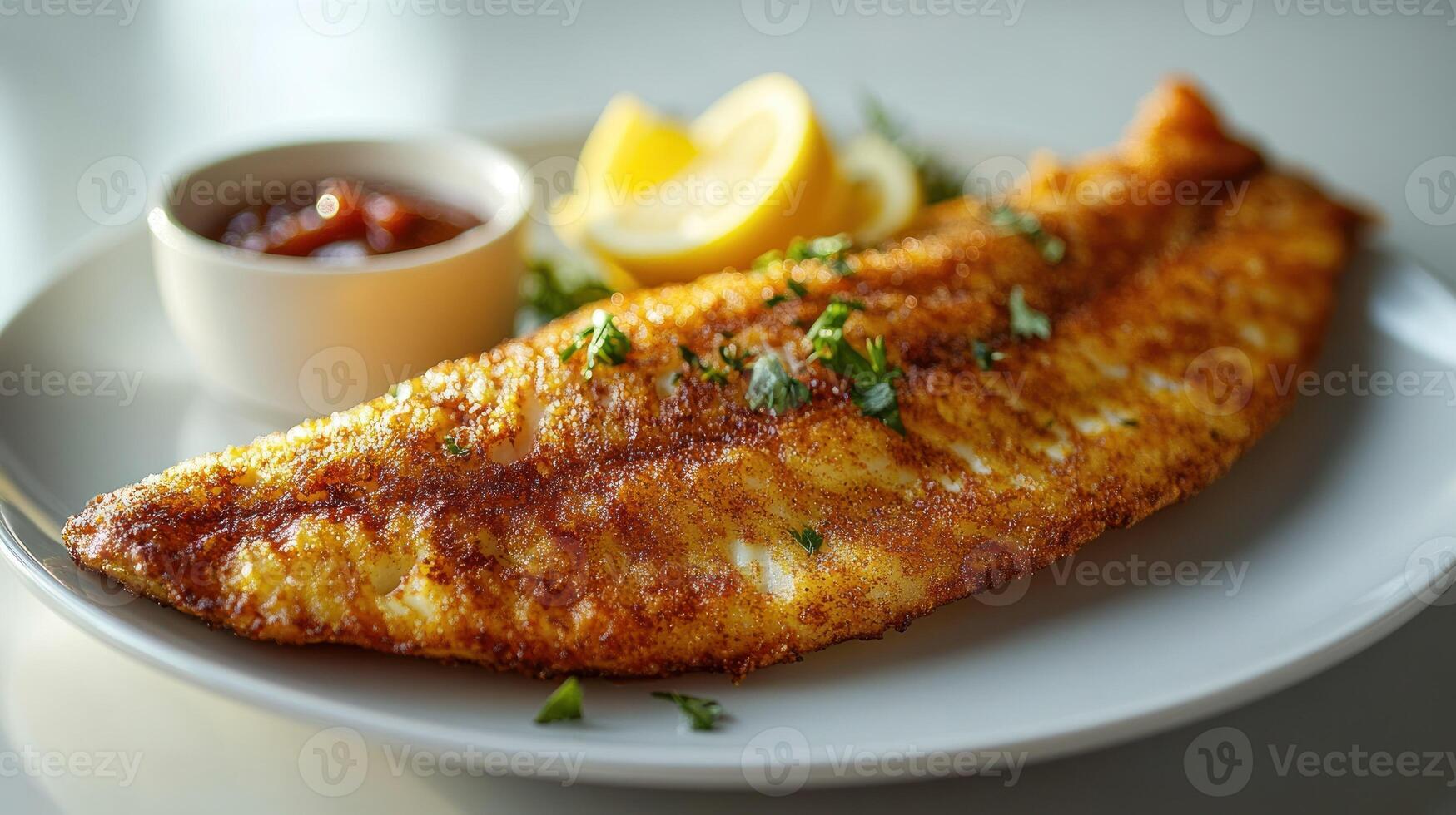 Crispy pan-fried fish fillet with sauce and lemon photo
