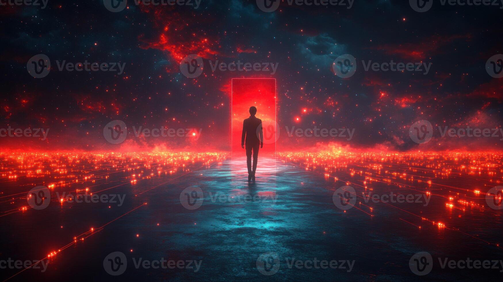 A figure walks through a vibrant portal photo