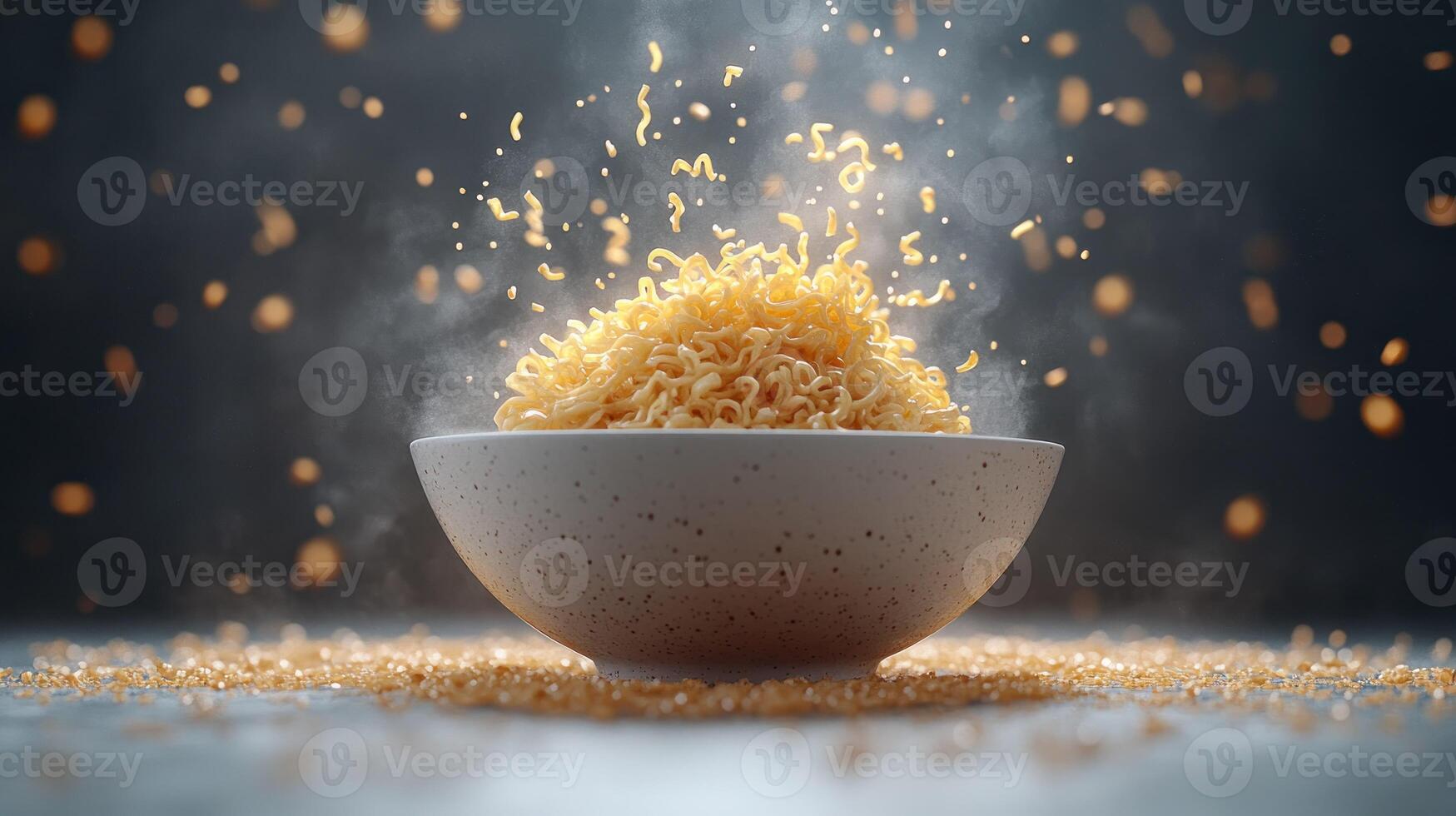 Bowl of steaming noodles photo