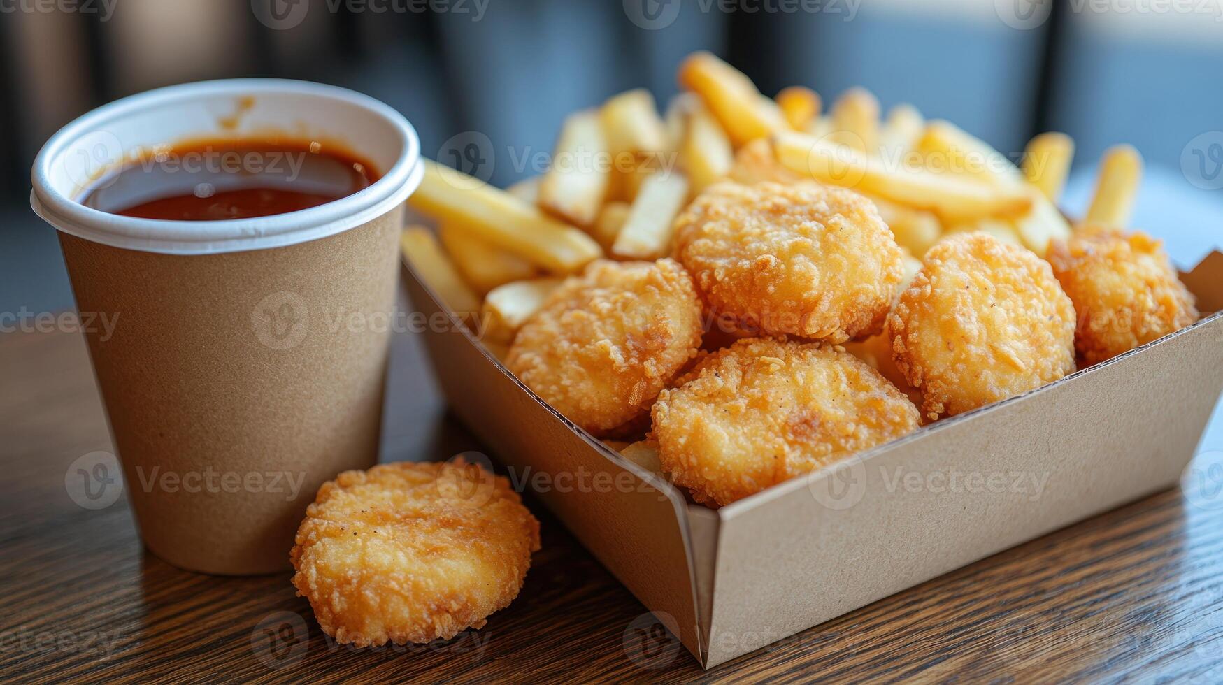 Crispy fried nuggets and fries with a drink photo