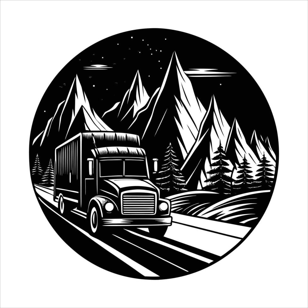 long haul truck at night headlight vector