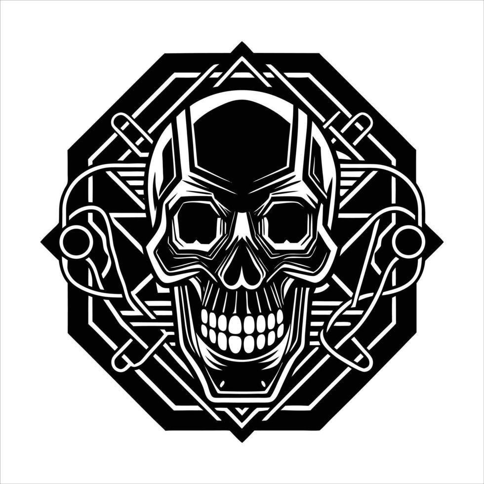 cybernetic skull in a neon lit metal vector