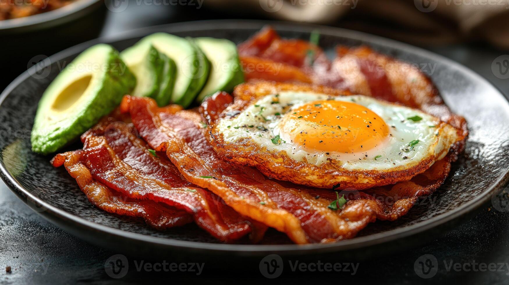 Crispy bacon, sunny-side-up egg, and avocado breakfast photo