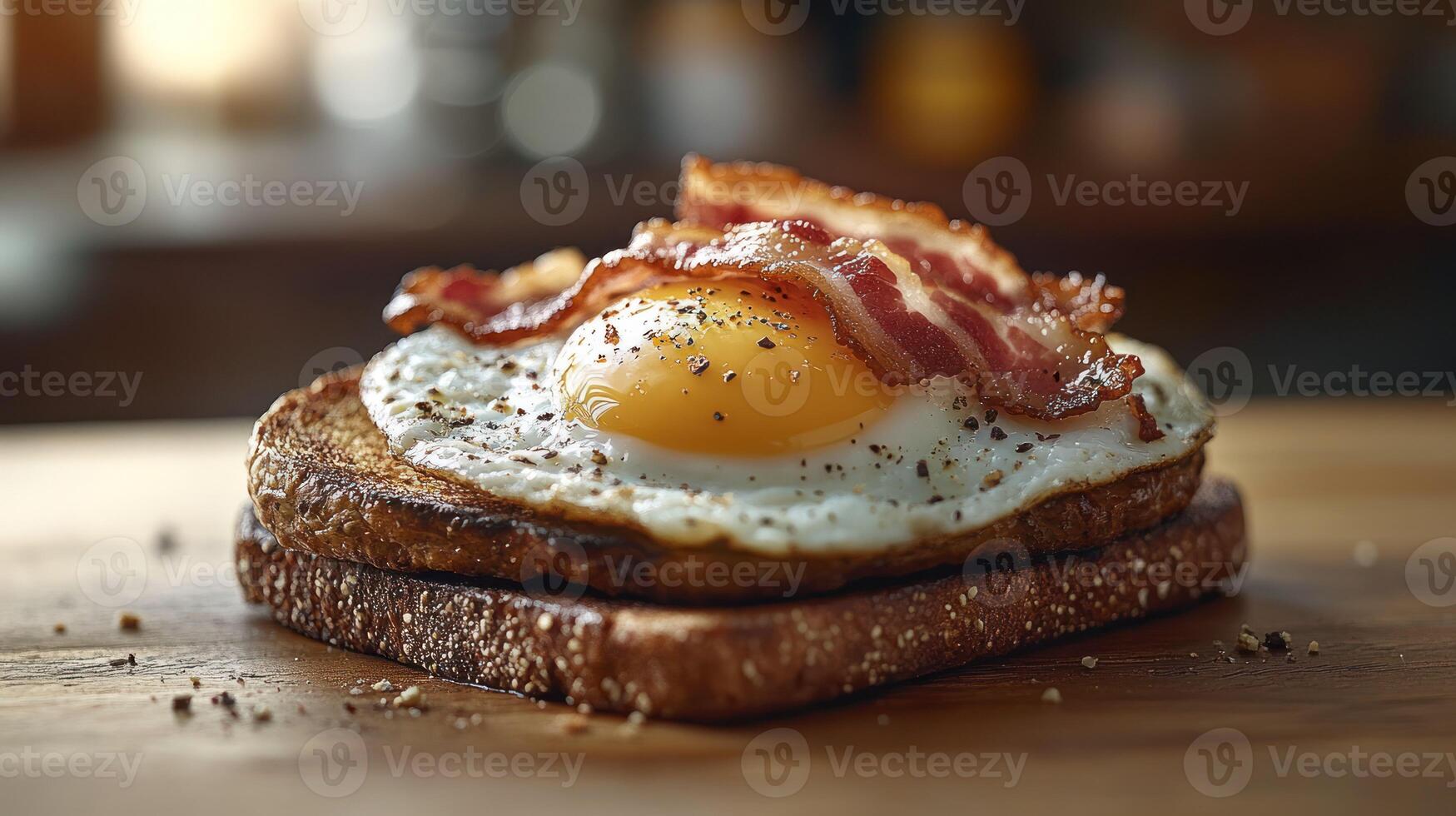 Crispy bacon, sunny-side-up egg on toasted bread photo