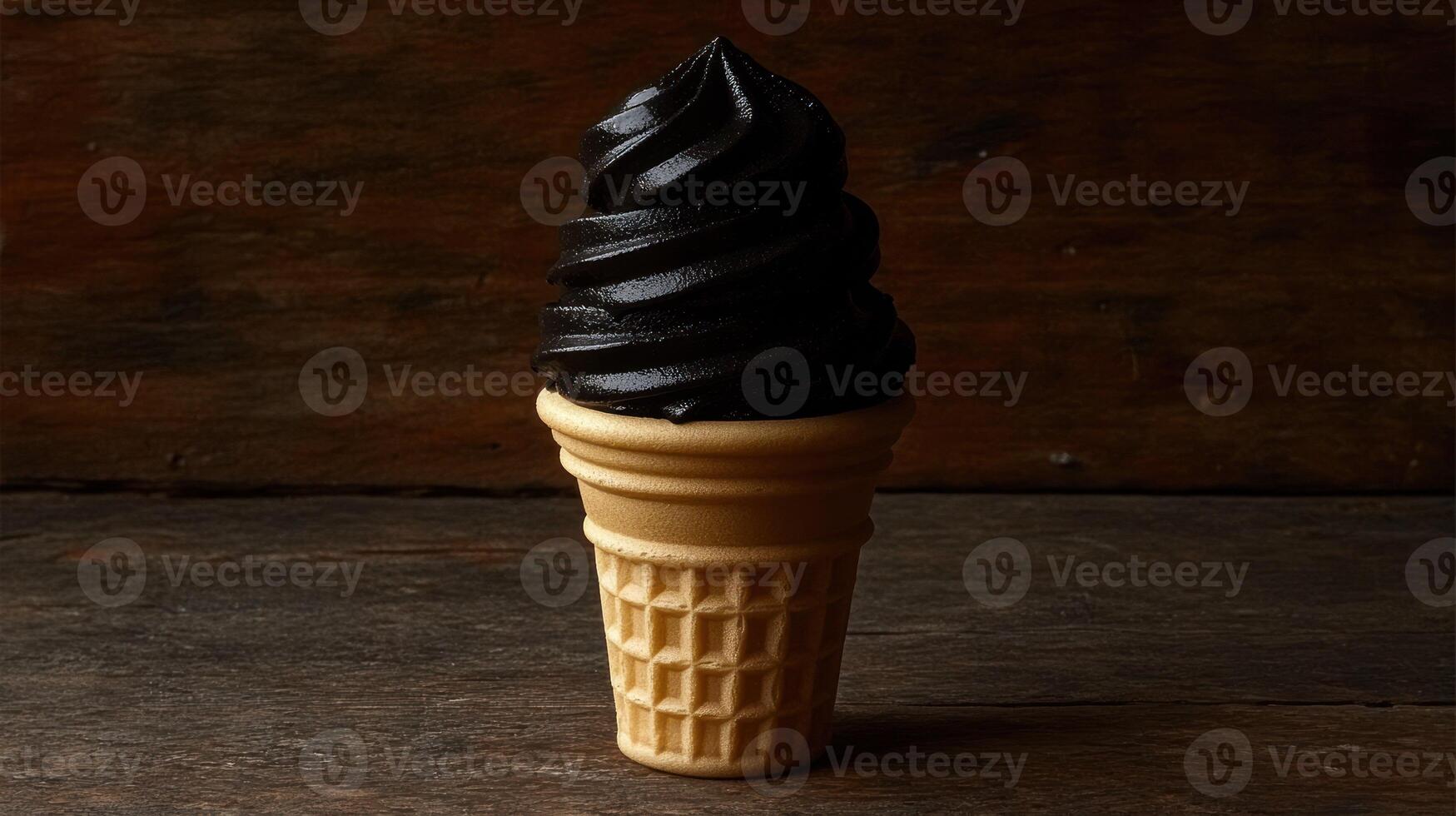 Dark Chocolate Ice Cream Cone on table photo