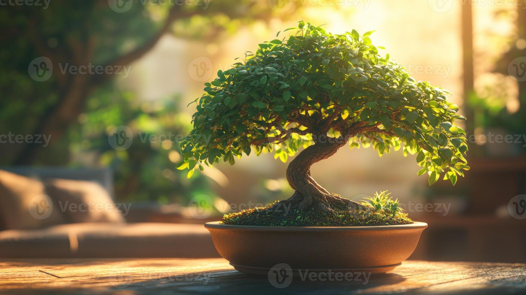 Bonsai tree in a pot, sunlit photo