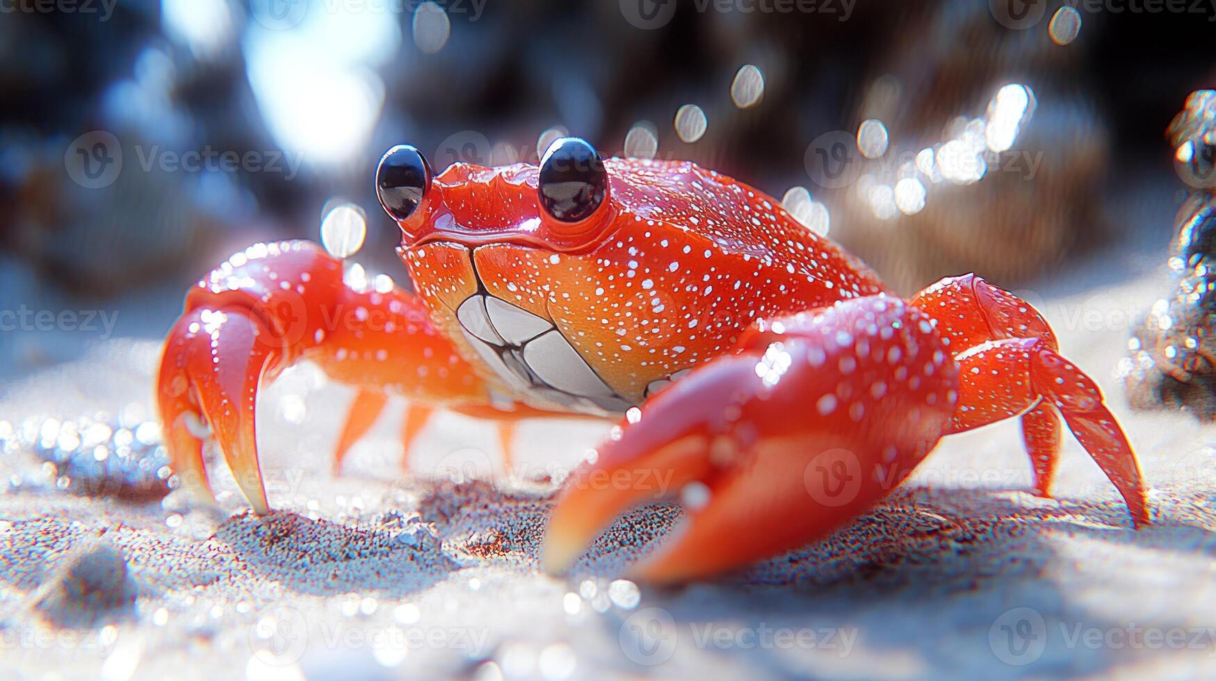 Adorable red crab on sandy shore photo
