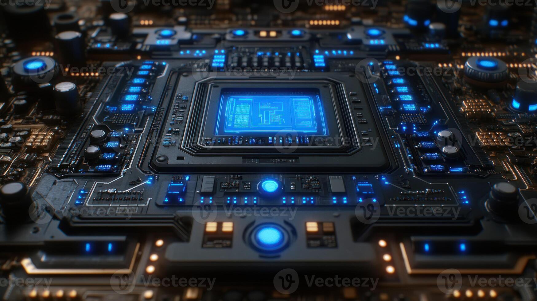 Advanced circuit board with glowing components photo