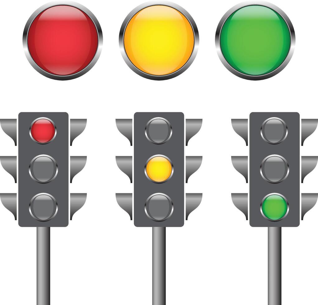 Traffic control signal light red, yellow and green color flat colorful highway light. vector