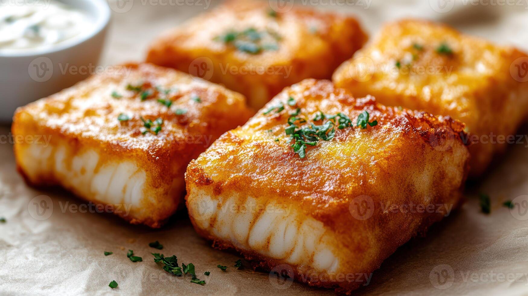Crispy fried fish fillets, served with a side of creamy sauce photo