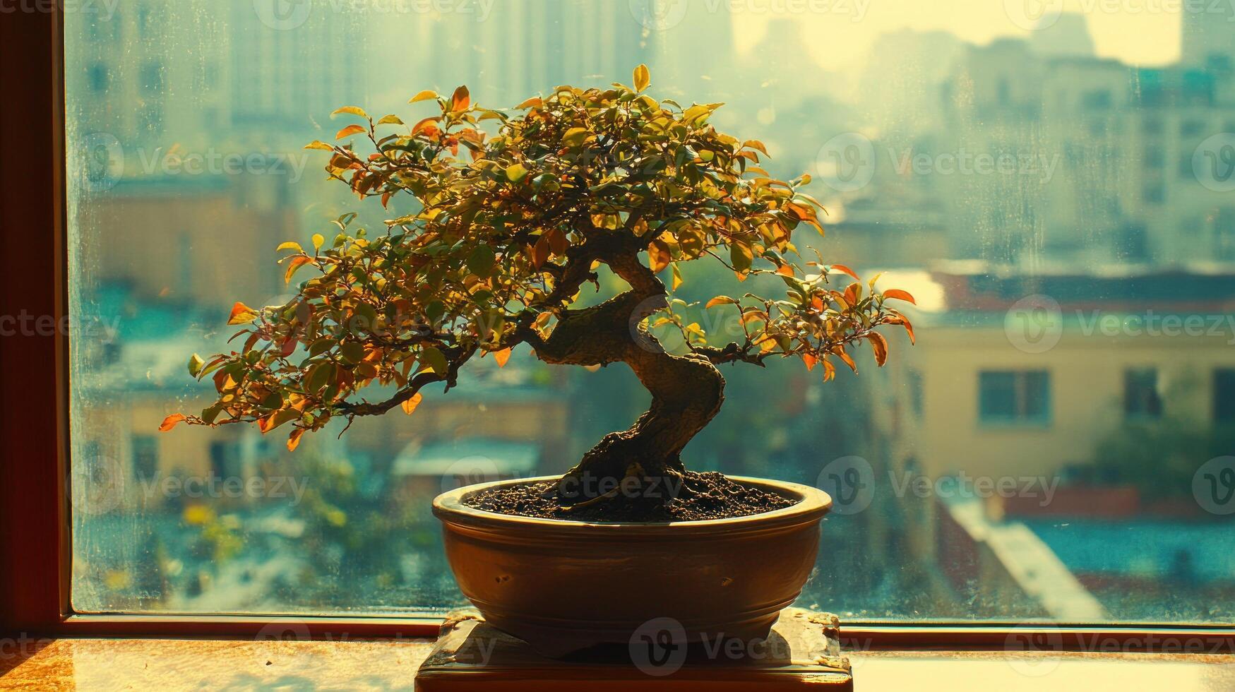 Bonsai on windowsill, city view photo